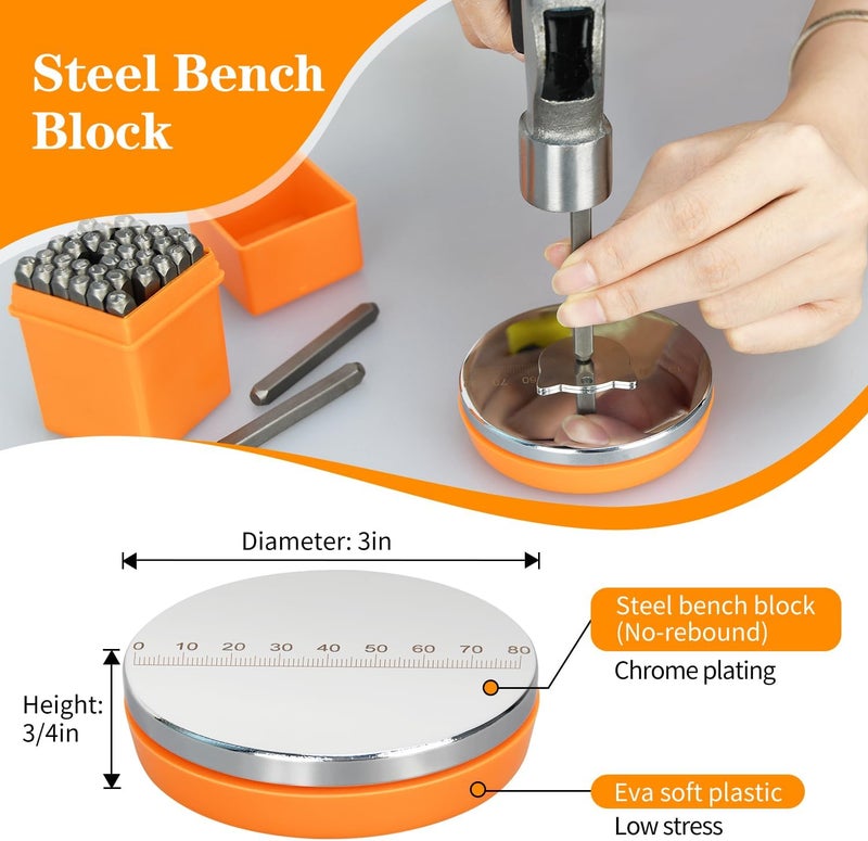 DkOvn Metal Stamping Kit, Jewelry Making Stamping Tools with 37pcs 3mm(1/8") Number and Letter Stamp Set, Steel Bench Block and Metal Stamping Hammer - Image 3